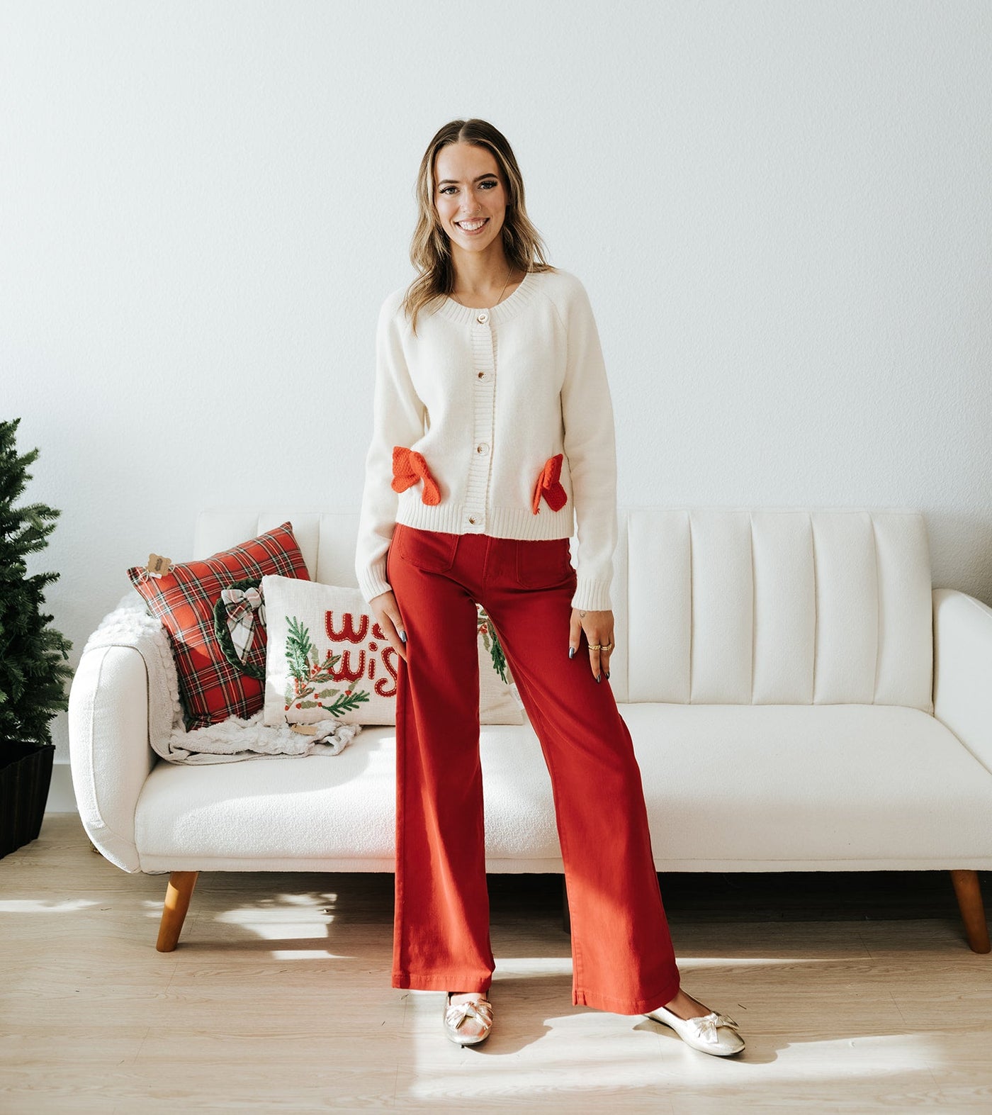 Ivory/Red Ribbon Applique Christmas Sweater Cardigan ST3331 - 01 - Southern Soule Designs