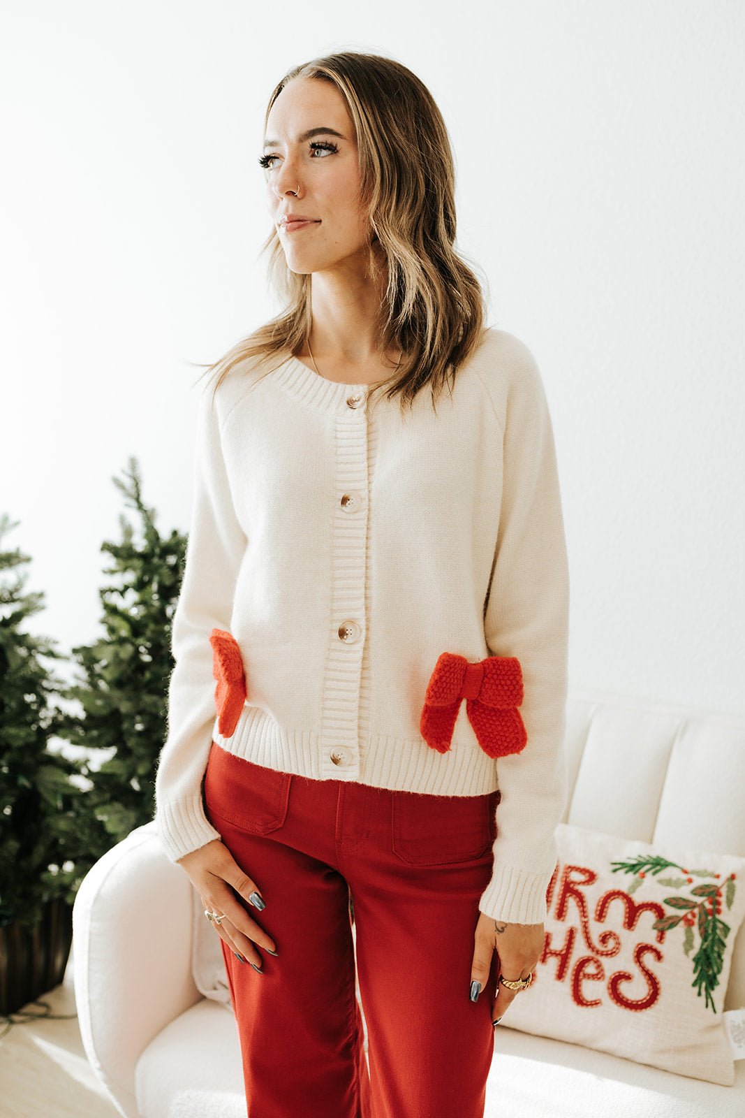 Ivory/Red Ribbon Applique Christmas Sweater Cardigan ST3331 - 01 - Southern Soule Designs