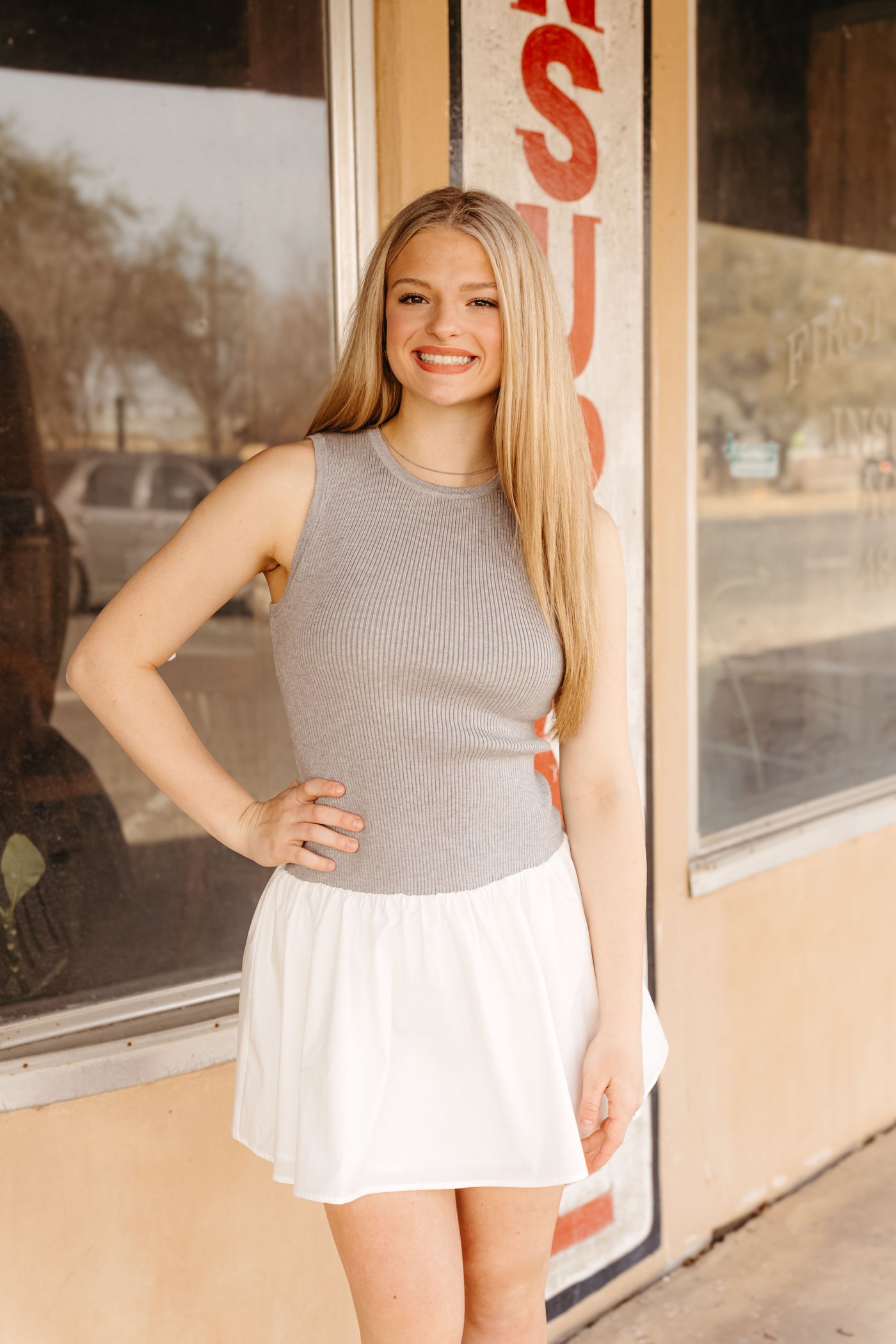 H.Grey/White Sweater Knit Top Flare Dress SWD2753