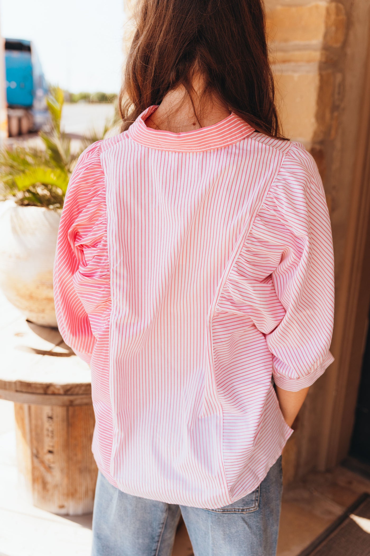 Pink Striped Button Down Top T26390