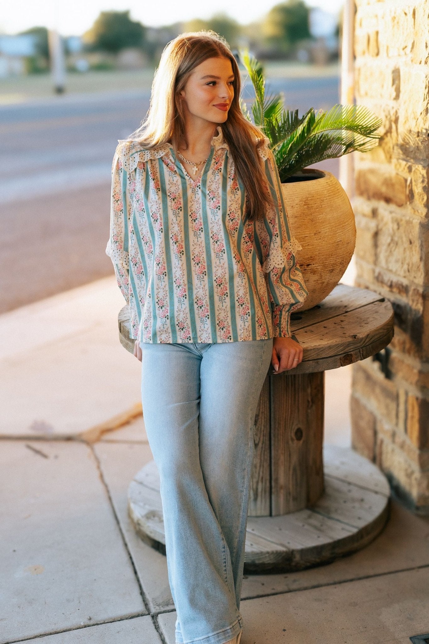 Jade Striped Floral Long Sleeve Top T25151 - Southern Soule Designs