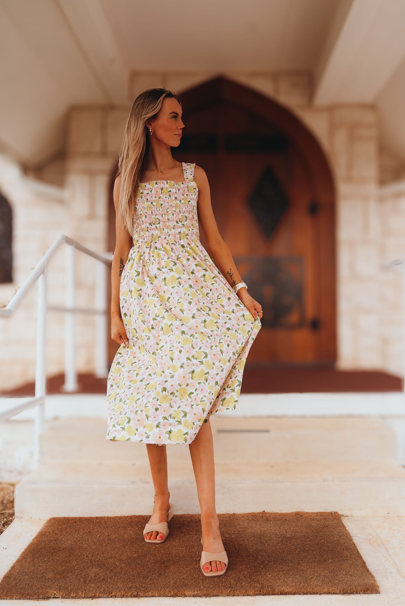 Coral Multi Floral Print Smocking Midi Dress D-10564-JK