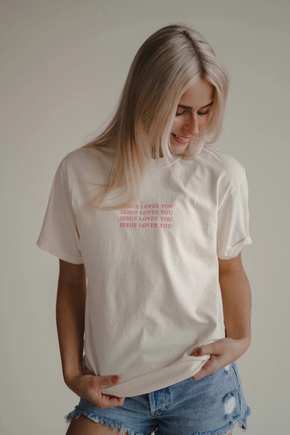 Jesus Loves you Cream/Pink Tee - Southern Soule Designs