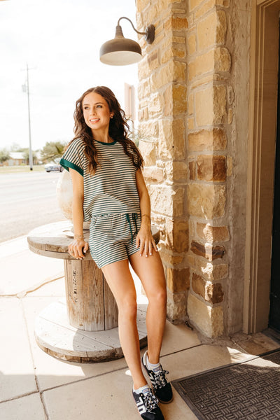 Juniper Green Striped Comfy Shorts PG10790 - Southern Soule Designs
