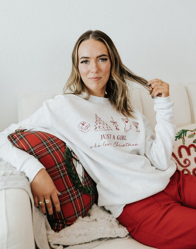 Just a Girl who Loves Christmas Heather Wht Sweatshirt - Southern Soule Designs