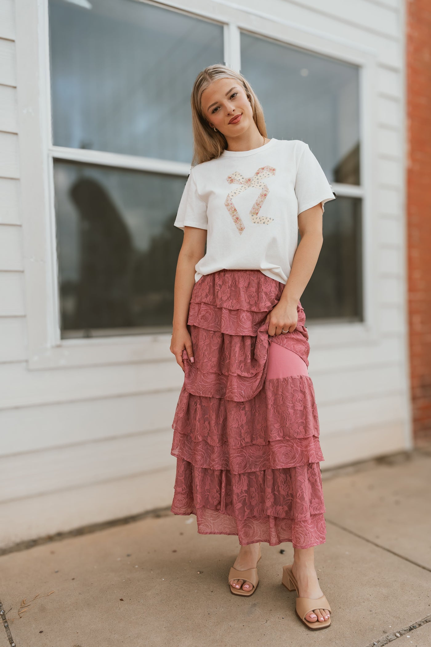 Dusty Rose Lace Tiered Maxi Skirt LSK0253-DRS