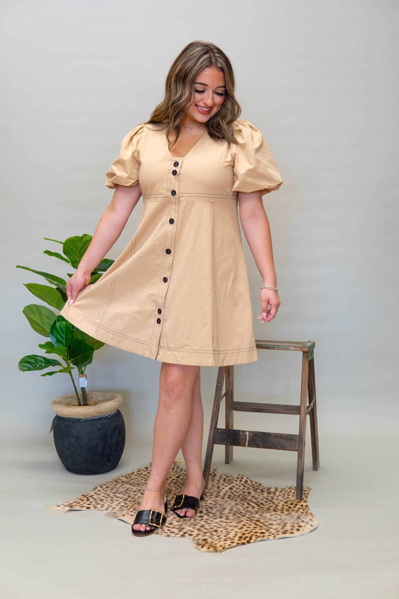 Khaki Button Down Stitch Dress CD04815 - Southern Soule Designs