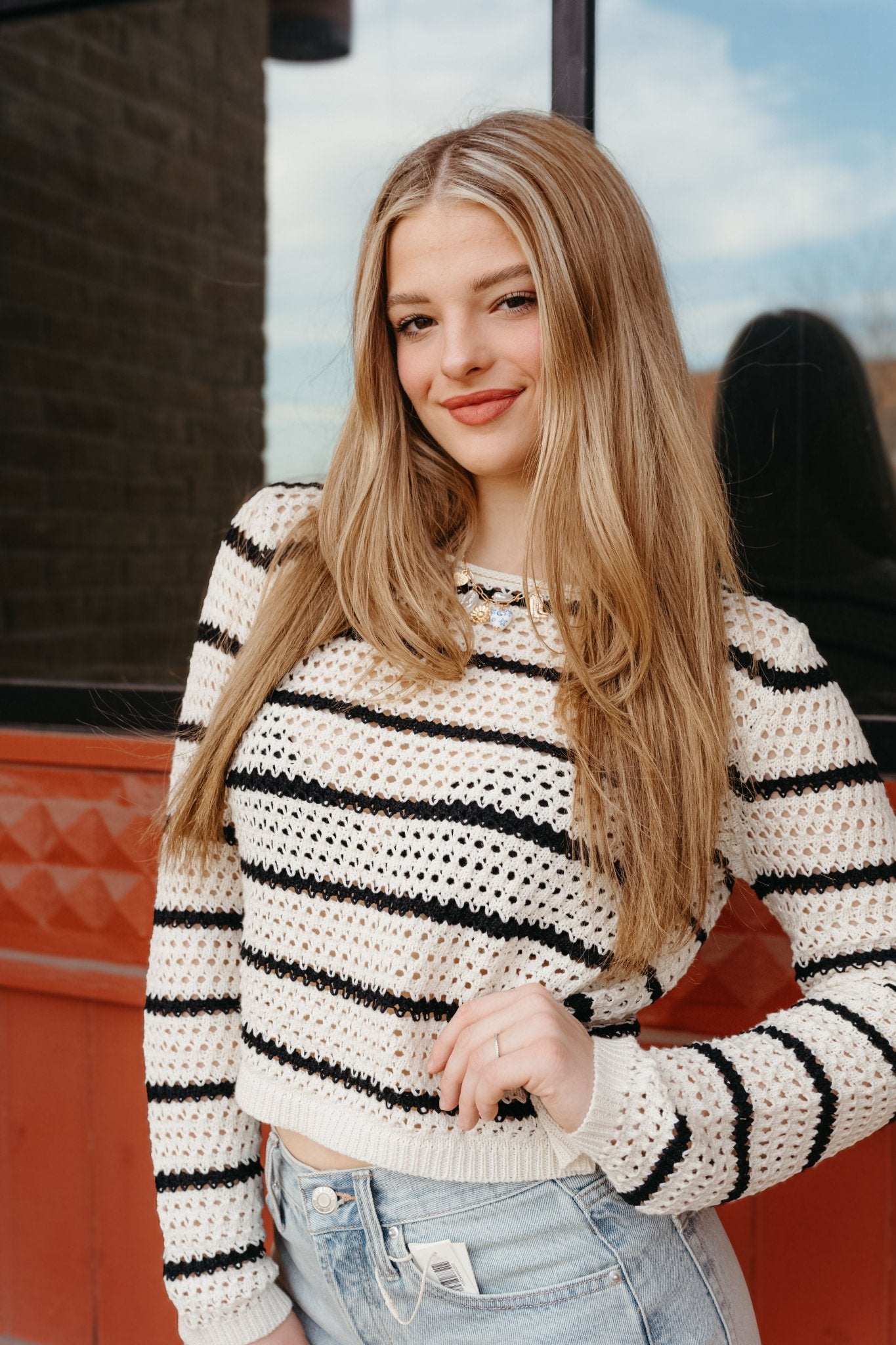 Kit Stripe Crochet Sweater Sea Salt ZW251197 - Southern Soule Designs