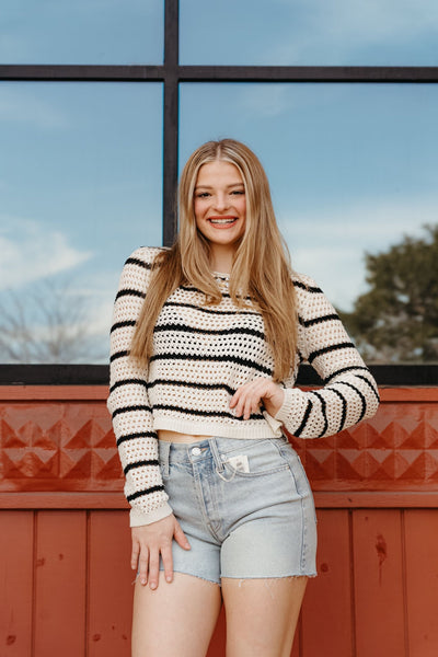 Kit Stripe Crochet Sweater Sea Salt ZW251197 - Southern Soule Designs