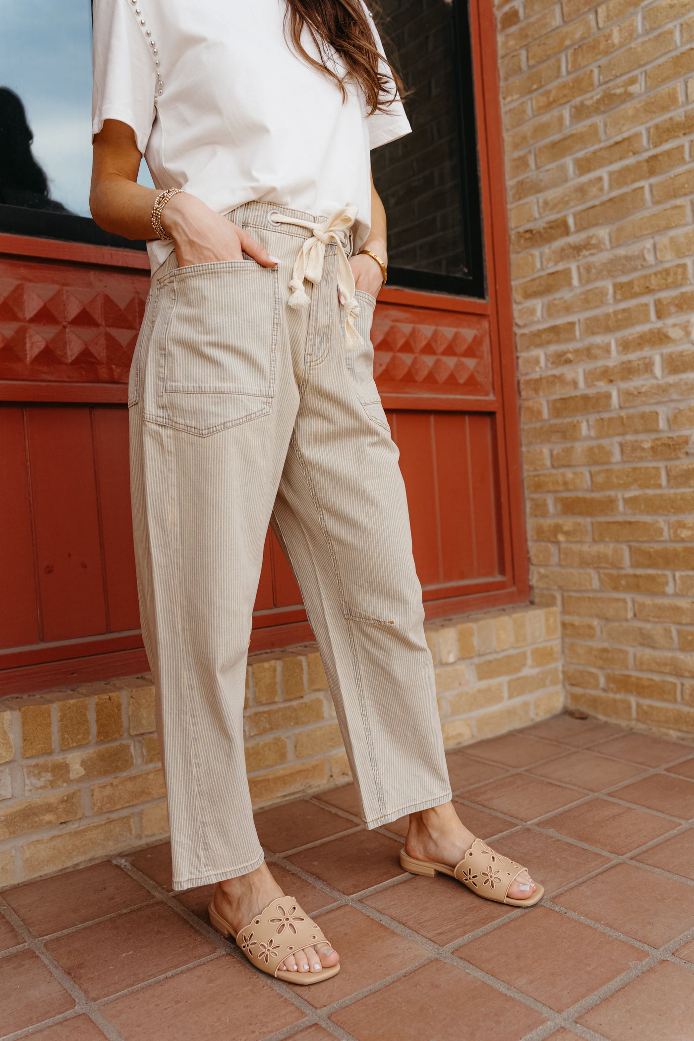 Light Blue/Cream Two Tone Cotton Pants with Belt P4065