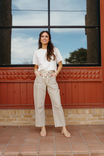 Light Blue/Cream Two Tone Cotton Pants with Belt P4065