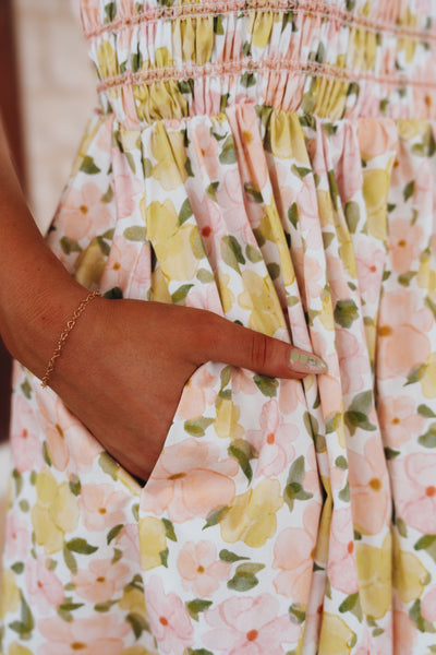 Coral Multi Floral Print Smocking Midi Dress D-10564-JK