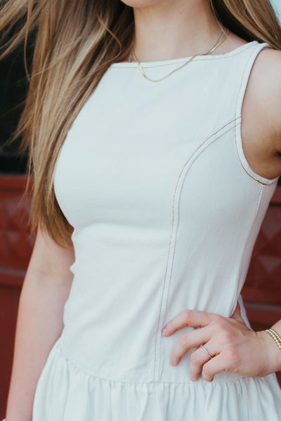 White Denim Boat Neck Sleeveless Low Waist Dress SD2297-3