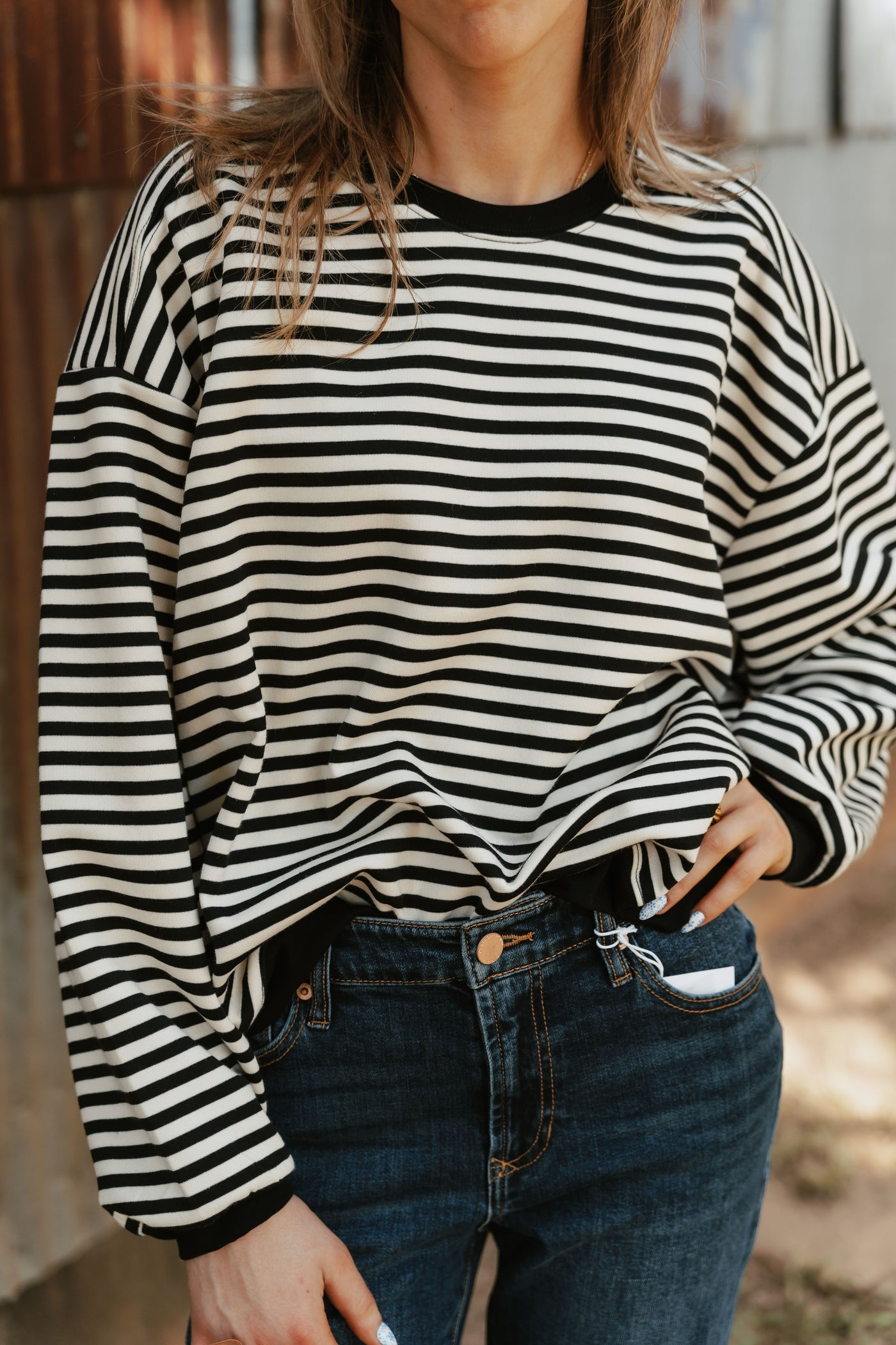 Ivory/Black Striped Oversized Pullover TBT13980
