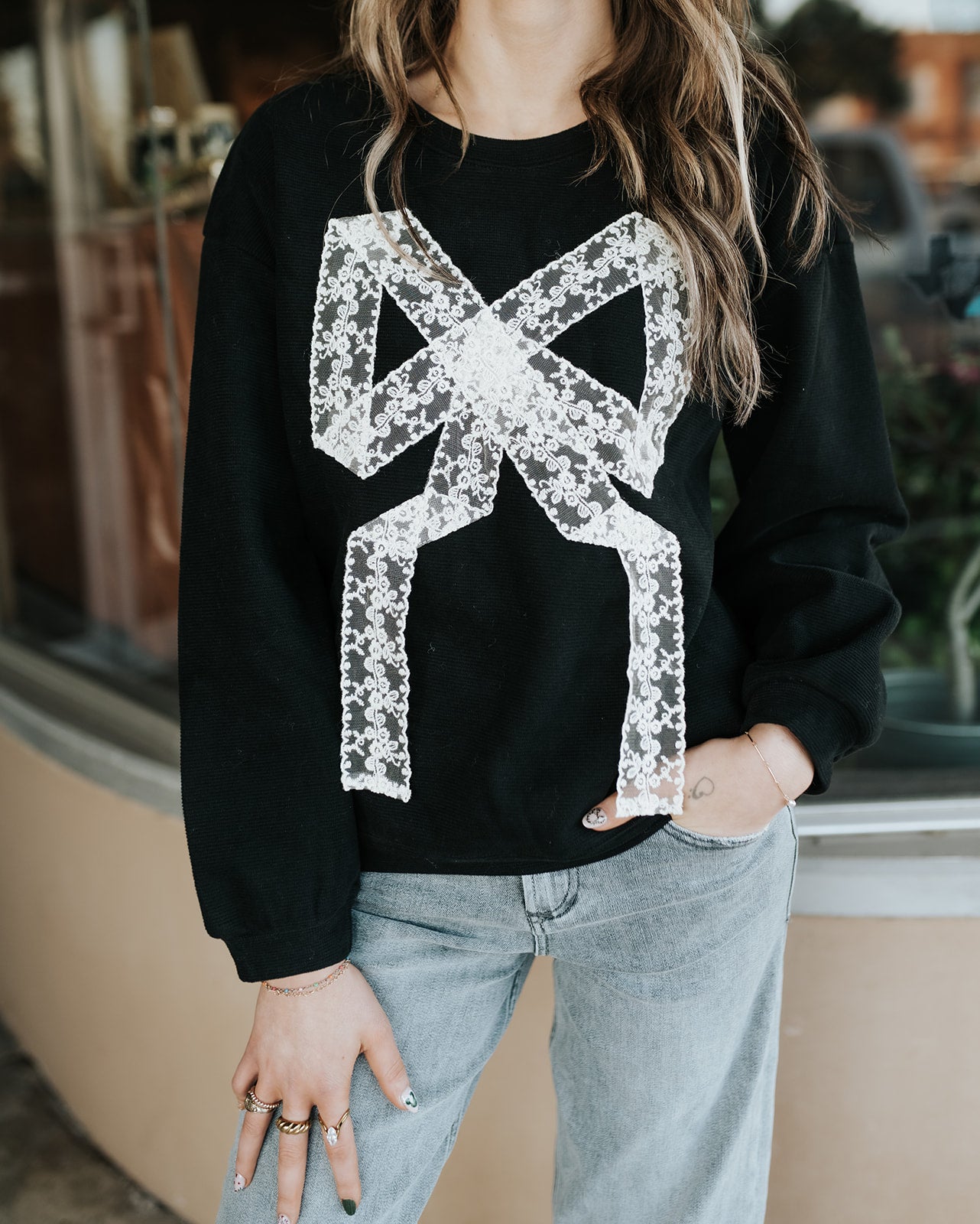 Lace Bow Sweatshirt RP2908 - Southern Soule Designs