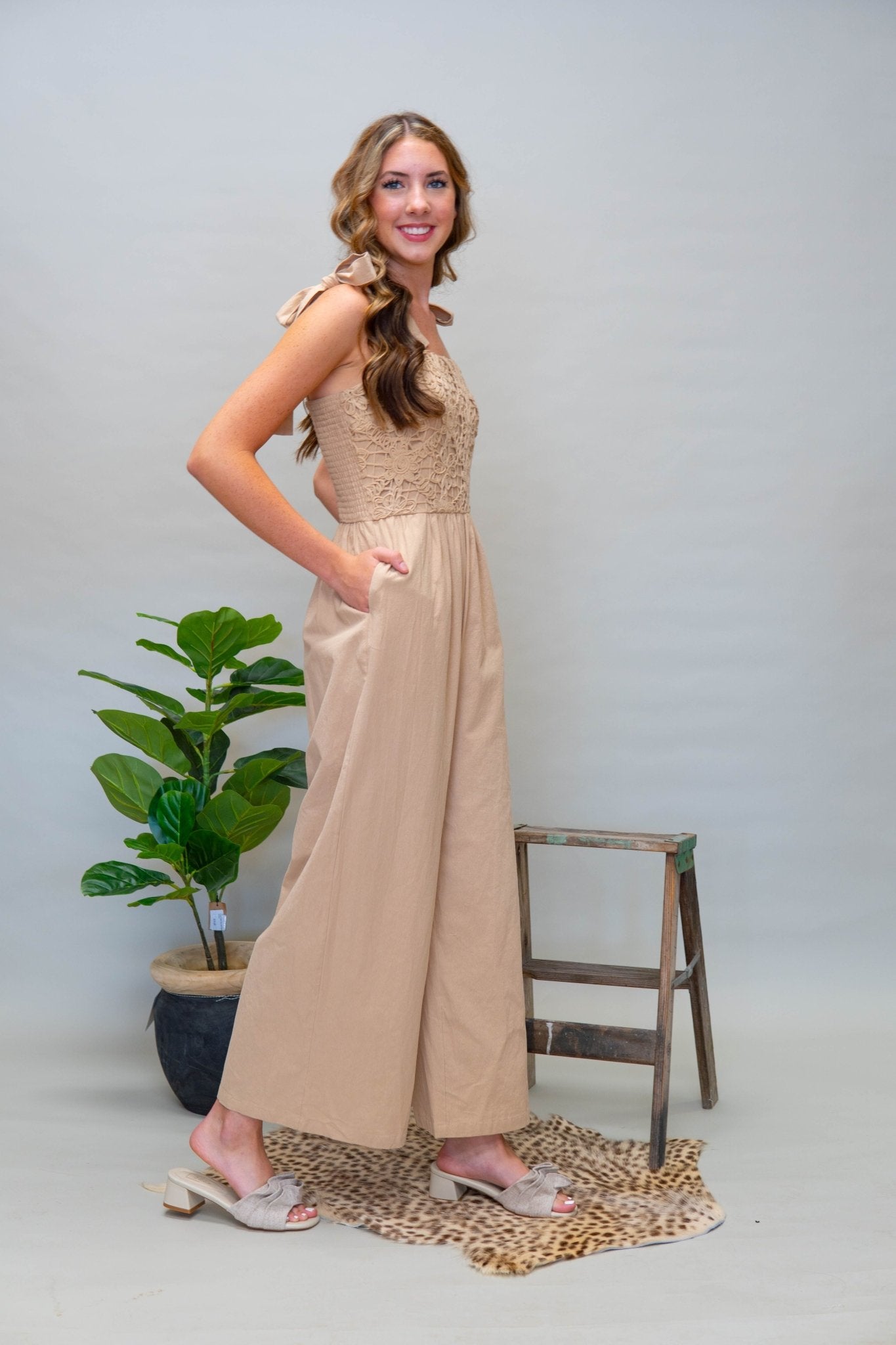 Latte Crochet Wide Leg Jumpsuit A1077JP - Southern Soule Designs