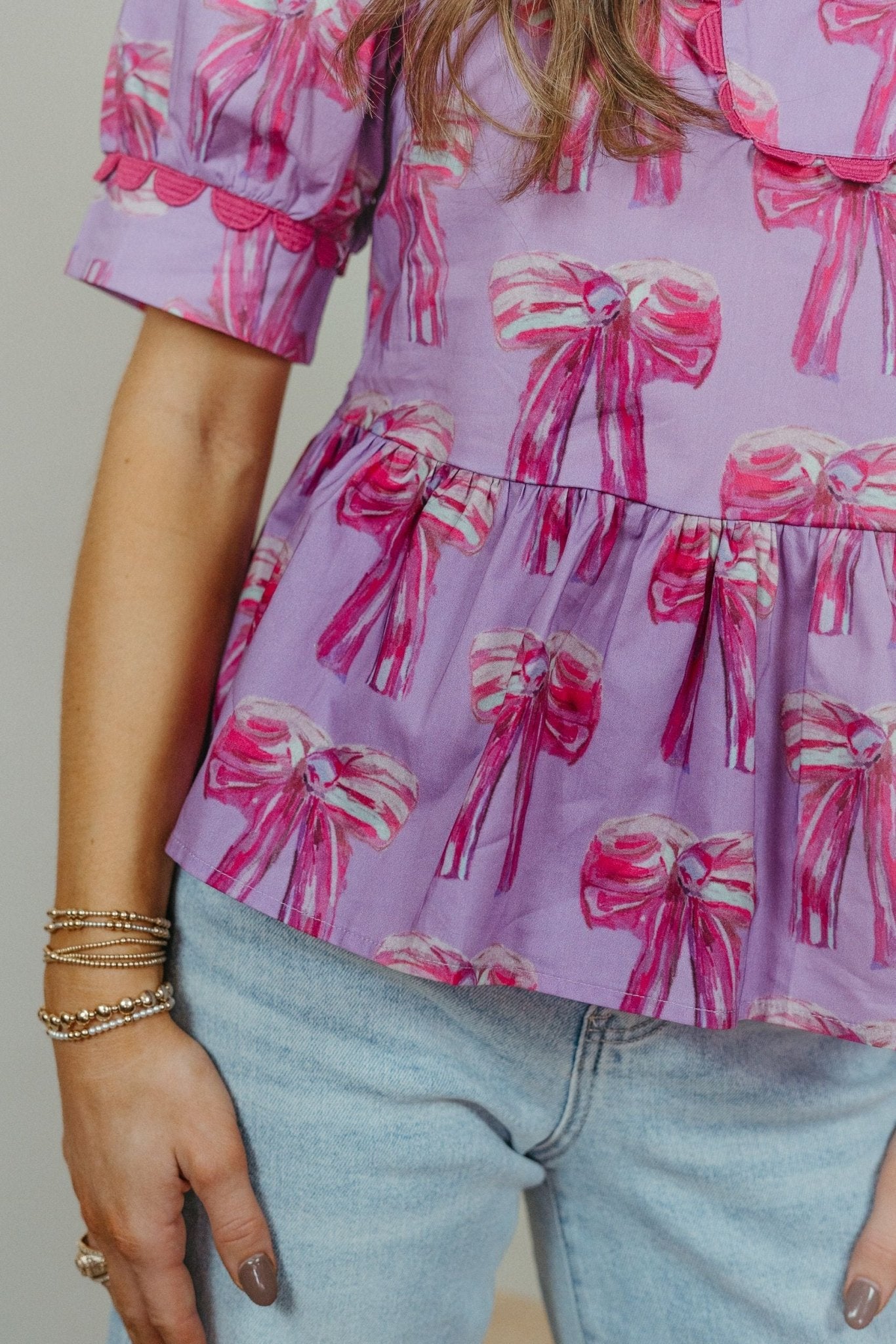 Lavender Bow Print Puff Sleeve Top w/Scallop Trim T25139 - Southern Soule Designs
