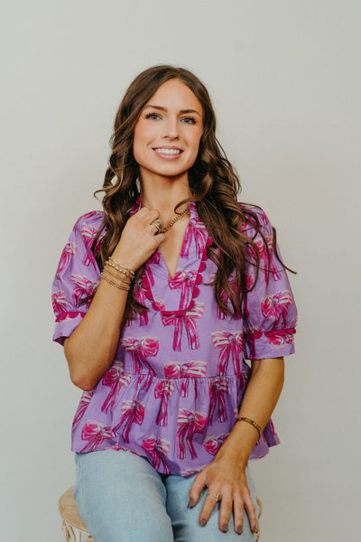 Lavender Bow Print Puff Sleeve Top w/Scallop Trim T25139 - Southern Soule Designs
