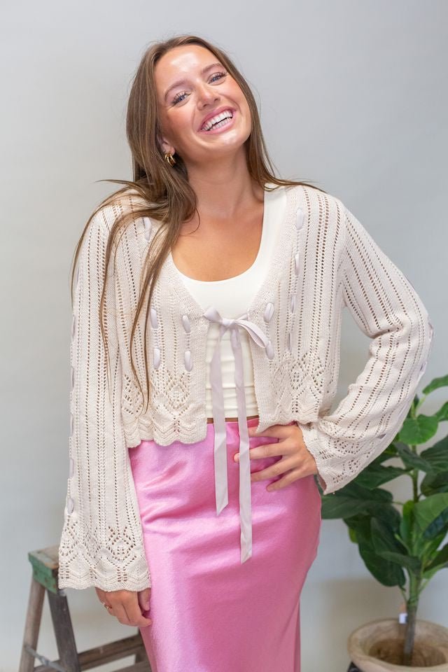 Light Beige Crochet Ribbon Cardigan LT2312 - Southern Soule Designs