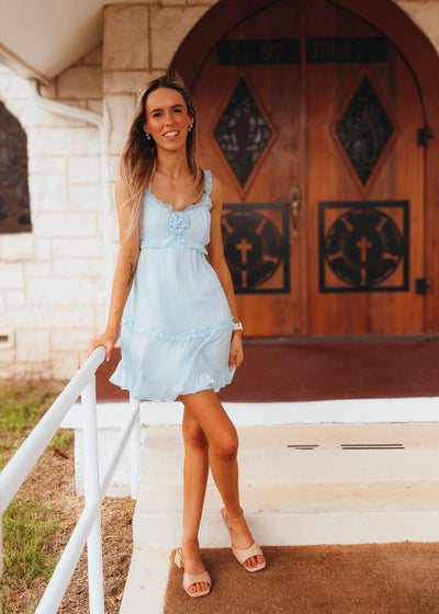 Light Blue Delicate Sweetheart Ruffled Bow Detail Mini Dress LD1402 - LBL - Southern Soule Designs