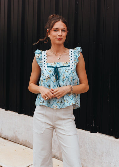 Light Blue Floral Pattern Lace Trim Square Neck Ruffled Top LT1397 - Southern Soule Designs