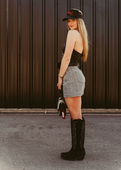 Light Blue High Waist Denim Studded Shorts P26382 - Southern Soule Designs