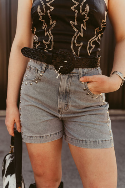 Light Blue High Waist Denim Studded Shorts P26382 - Southern Soule Designs