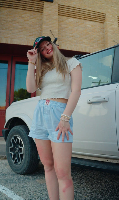 Light Blue High Waisted Boxy Shorts - Southern Soule Designs