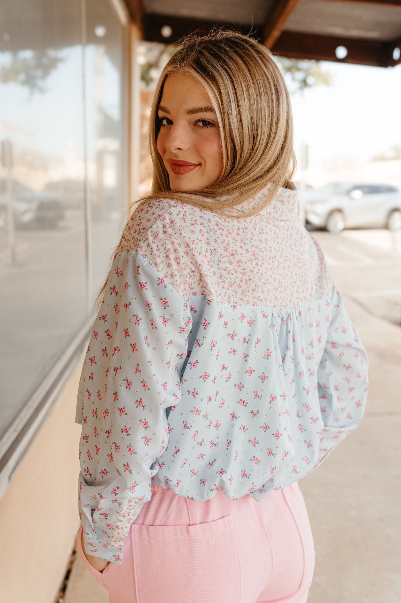Light Blue/Pink Floral Cropped Shirt IT39692 - 01 - Southern Soule Designs