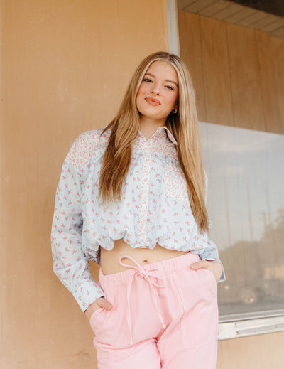 Light Blue/Pink Floral Cropped Shirt IT39692 - 01 - Southern Soule Designs