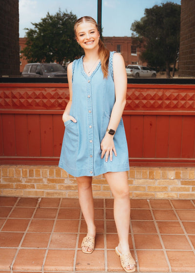 Light Denim Button Down Sleeveless Mini Dress D26255 - Southern Soule Designs