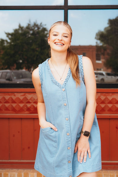 Light Denim Button Down Sleeveless Mini Dress D26255 - Southern Soule Designs