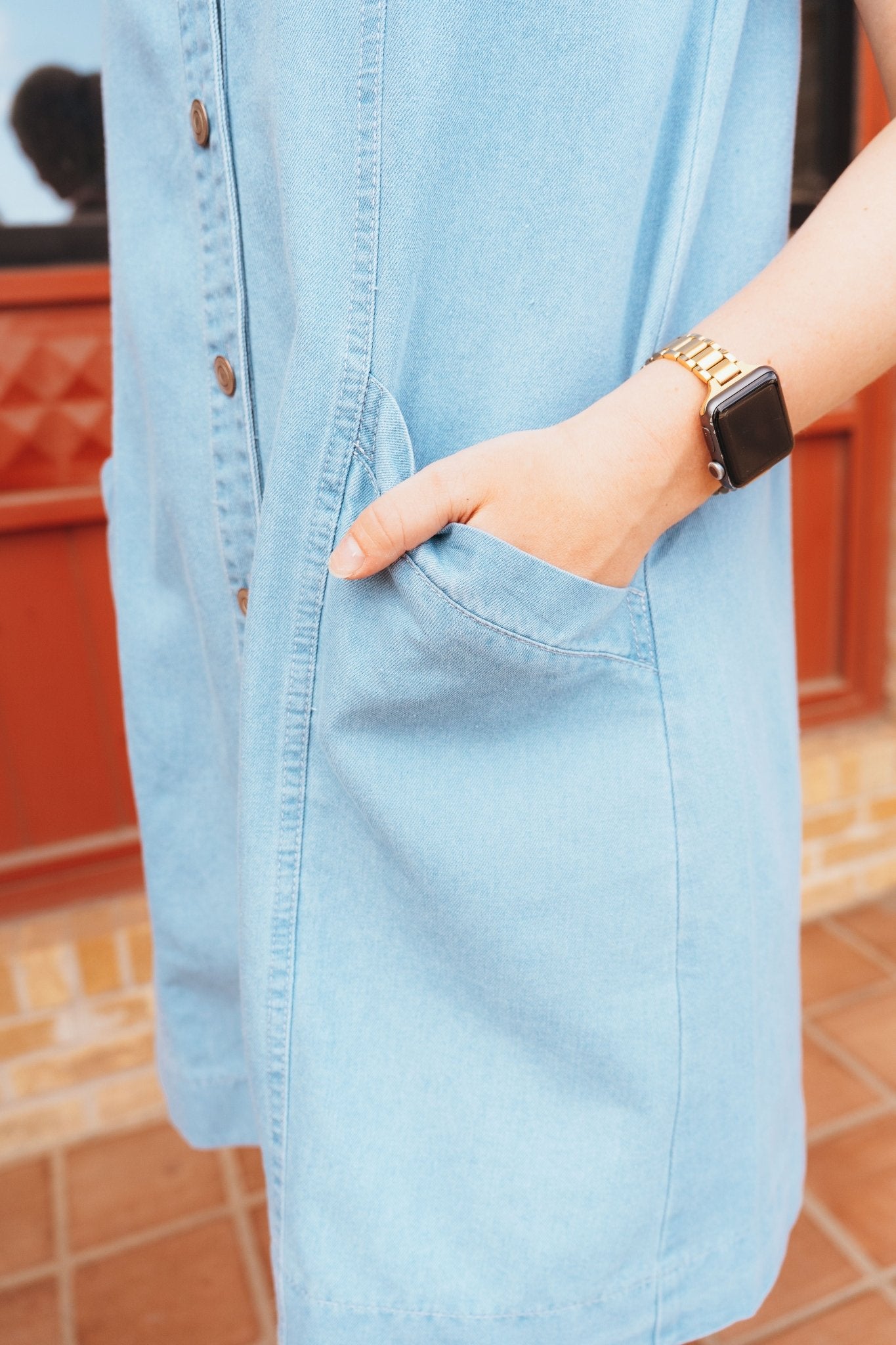 Light Denim Button Down Sleeveless Mini Dress D26255 - Southern Soule Designs