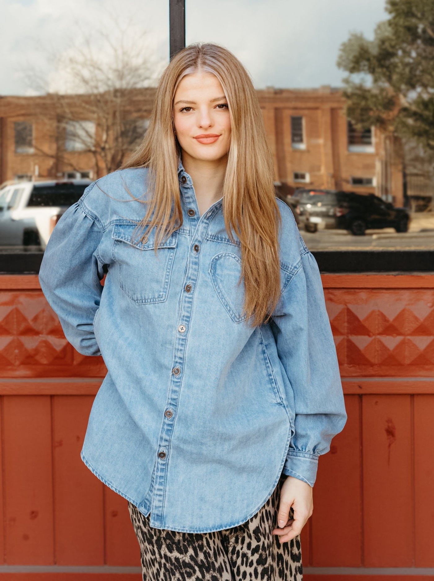 Light Denim Heart Pocket Oversized Shirt LJ0248 - Southern Soule Designs