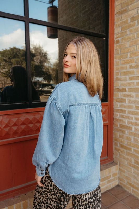Light Denim Heart Pocket Oversized Shirt LJ0248 - Southern Soule Designs