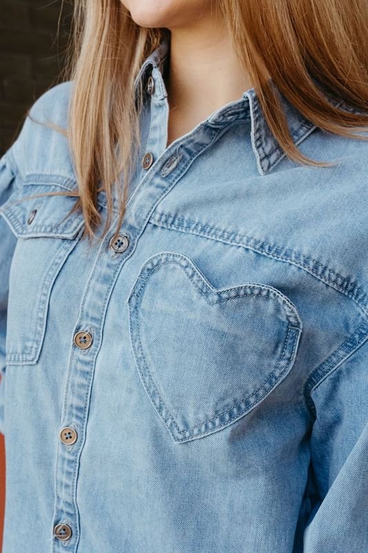 Light Denim Heart Pocket Oversized Shirt LJ0248 - Southern Soule Designs