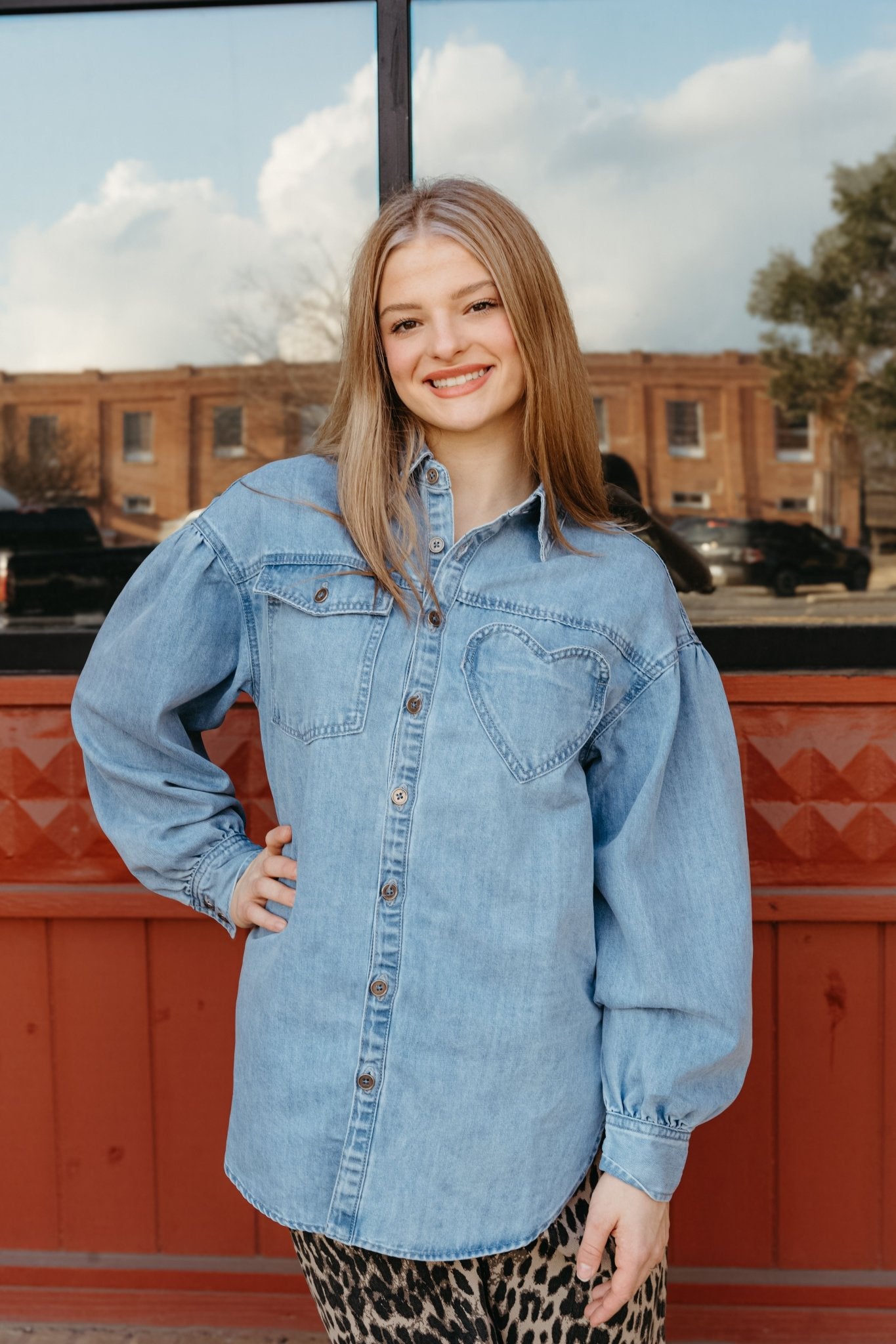 Light Denim Heart Pocket Oversized Shirt LJ0248 - Southern Soule Designs