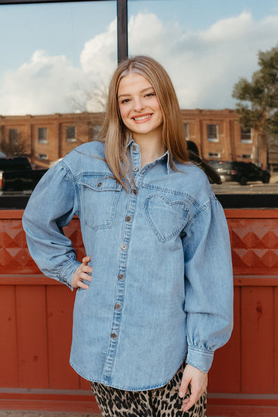 Light Denim Heart Pocket Oversized Shirt LJ0248 - Southern Soule Designs