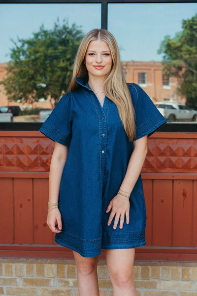 Light Denim Short Sleeve Mini Dress with Pockets D26138 - Southern Soule Designs