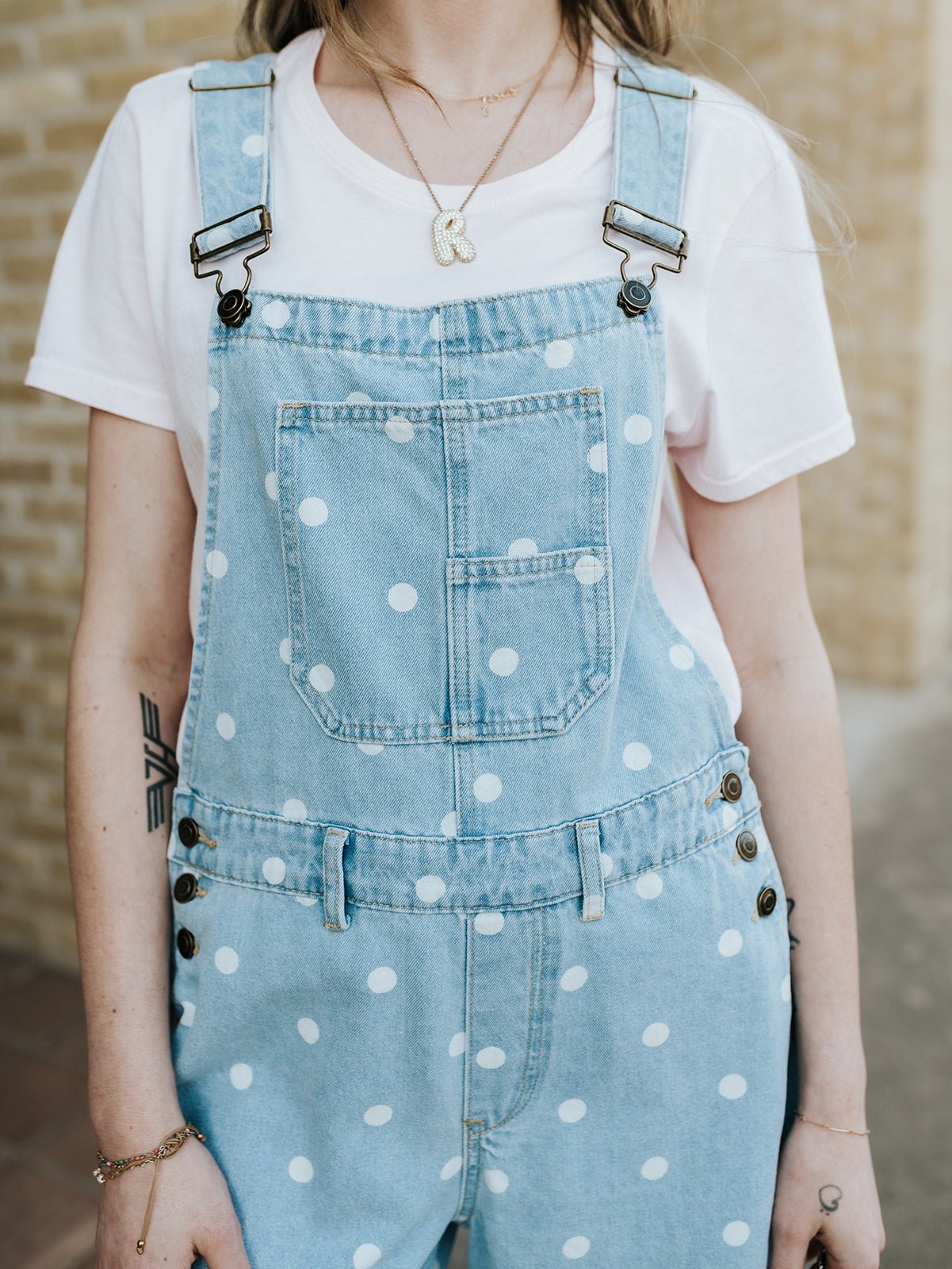 Light Denim with White Polka Dot Overalls IR200943 - 01 - Southern Soule Designs