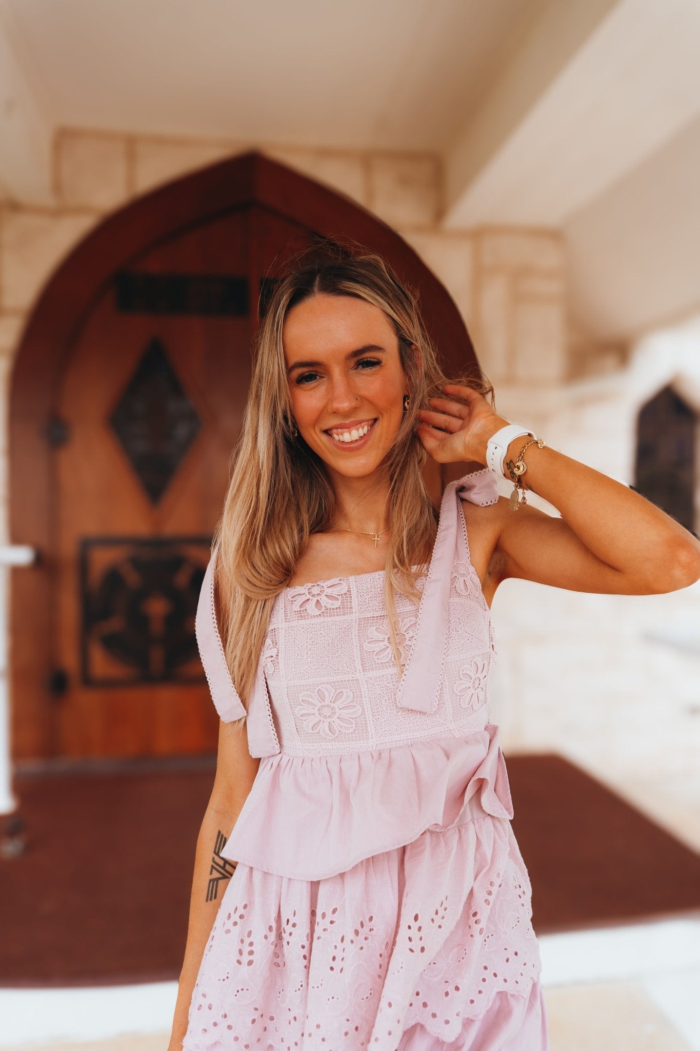 Light Mauve Crochet Design Eyelet Tiered Tie Straps Maxi Dress LD1501 - LMV - Southern Soule Designs