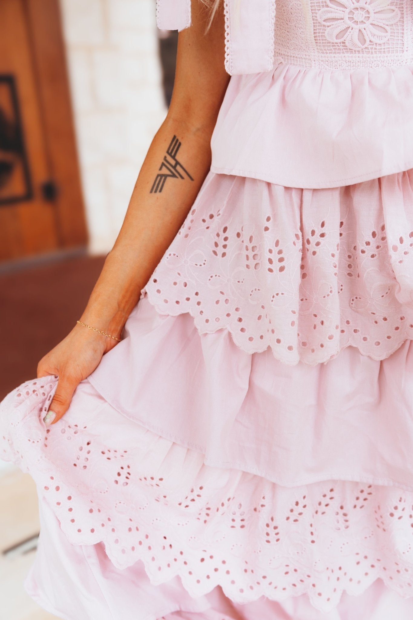 Light Mauve Crochet Design Eyelet Tiered Tie Straps Maxi Dress LD1501 - LMV - Southern Soule Designs