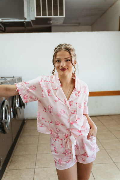 Light Pink Printed Cotton Linen Short Sleeve Pajama Set ITP39710 - 05 - Southern Soule Designs