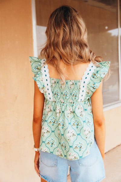 Light Sage Floral Pattern Lace Trim Square Neck Ruffled Top LT1397 - LSG - Southern Soule Designs