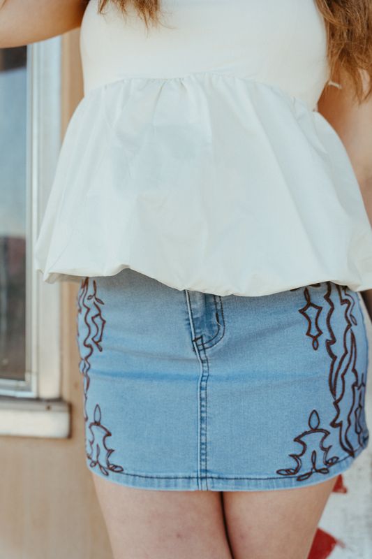 Light Wash Boot Stitch Emb Denim Skirt - Southern Soule Designs
