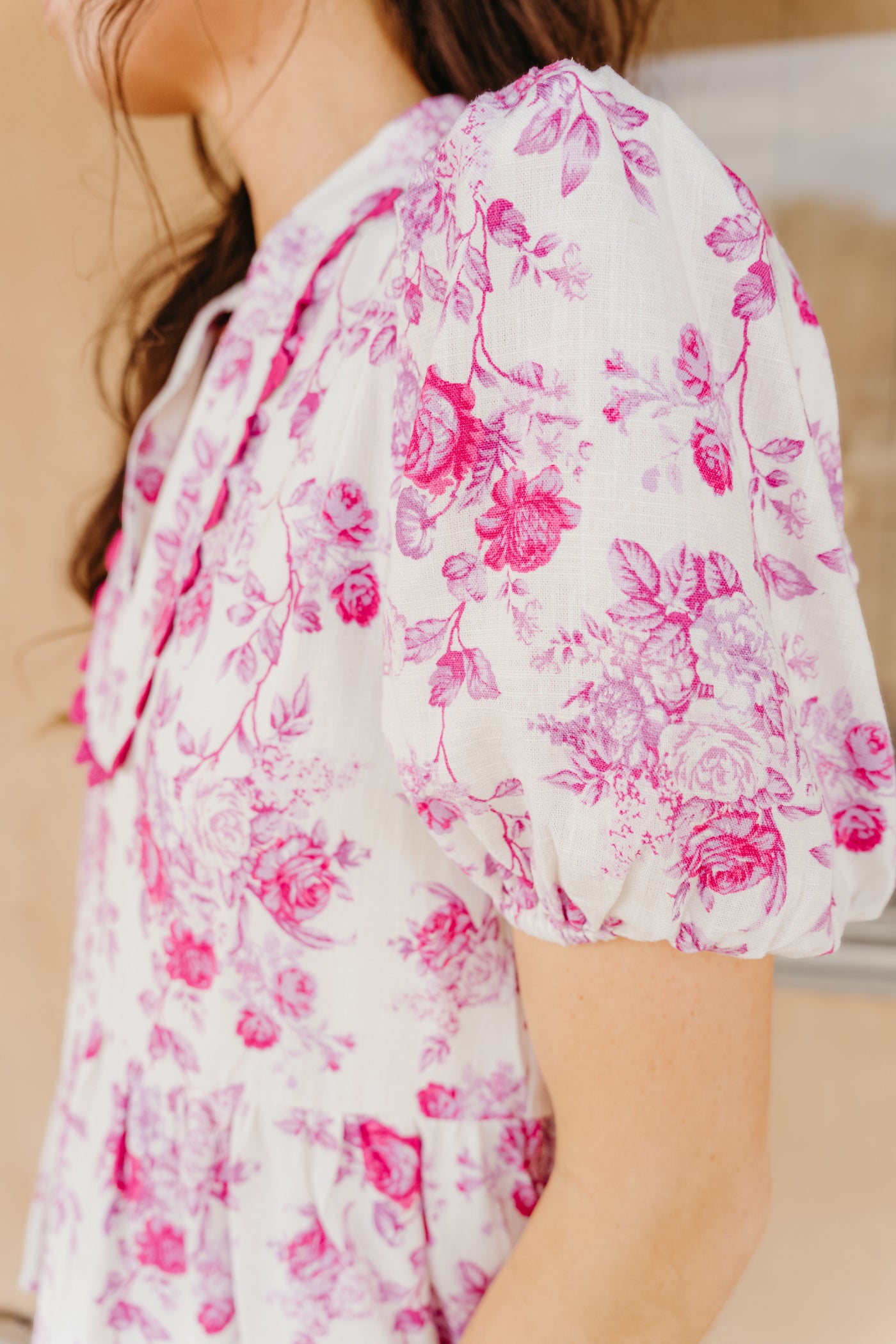 Pink Floral Printed Bubble Sleeves Peplum Top CT9107
