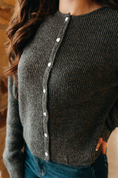 Charcoal Knit Cardigan with Heart-Shaped Buttons TBW13119