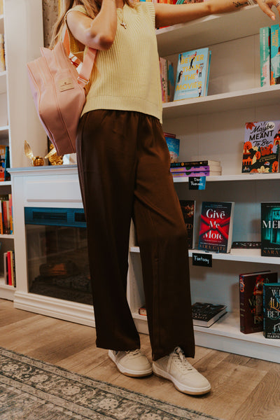 Brown Crushed Satin Wide Leg Pants PMR0405