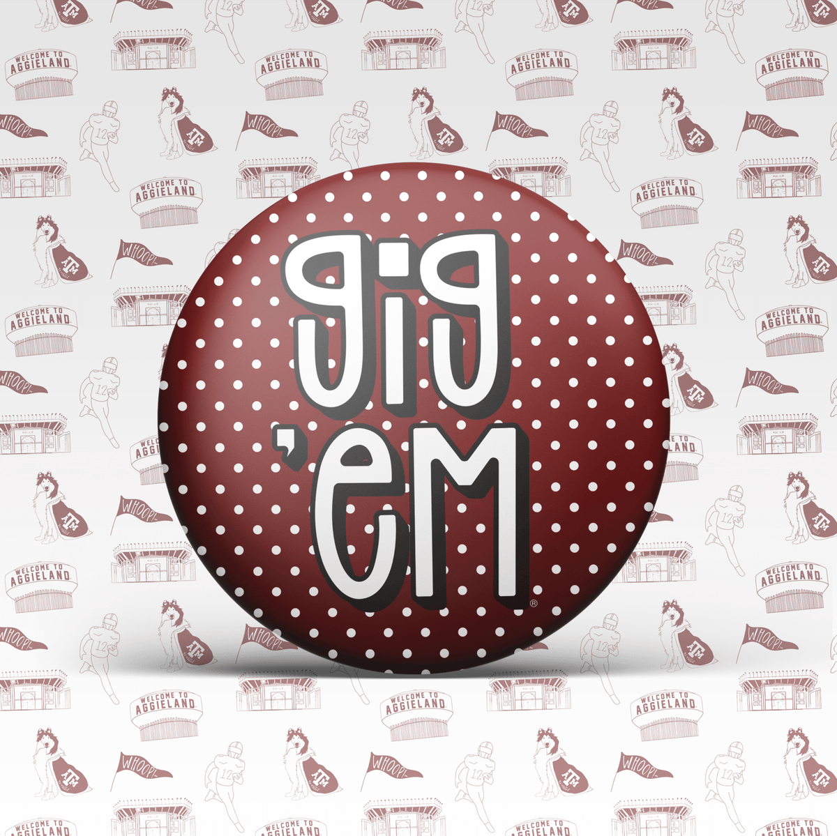Maroon With Pink Polka Dots Gig 'Em Button 2038 - Southern Soule Designs