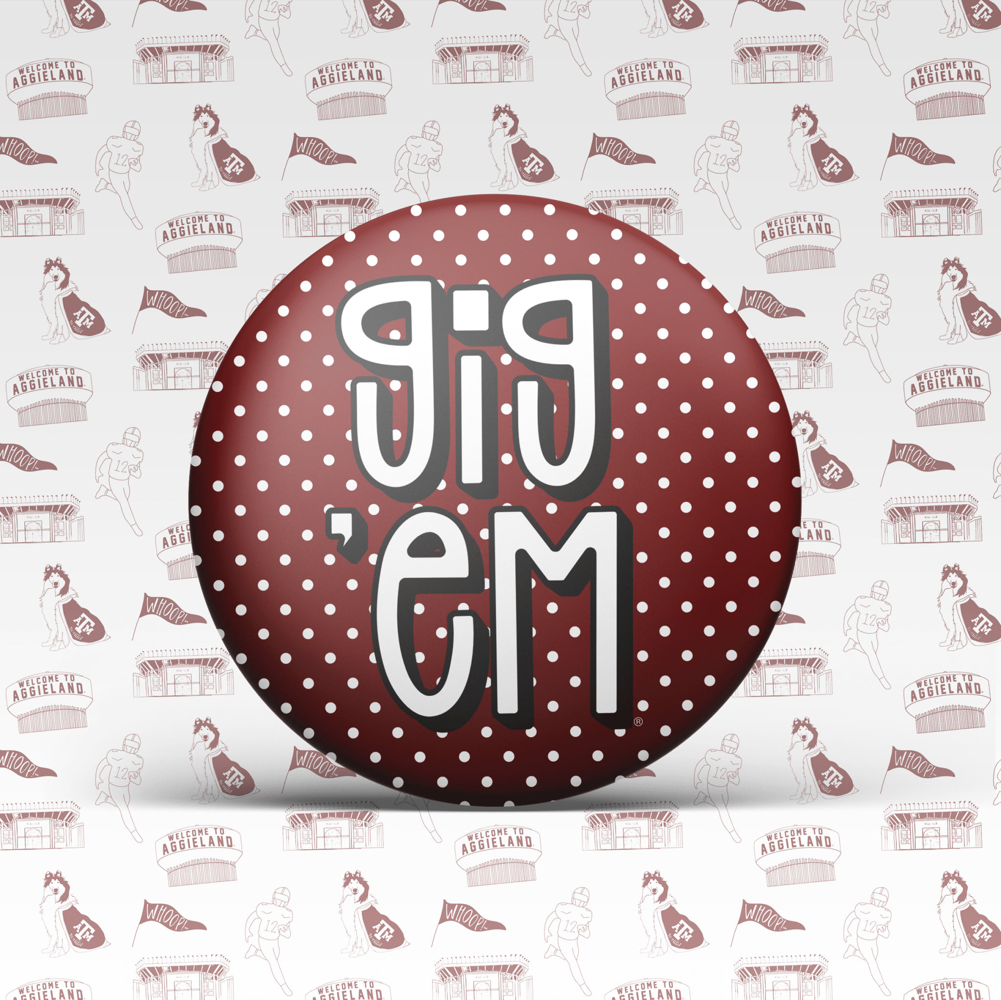 Maroon With Pink Polka Dots Gig 'Em Button 2038 - Southern Soule Designs